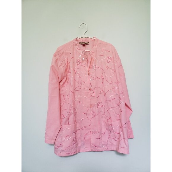 Tudor Court Womens Plus 3X Top Pink Embroidery Floral Button High Collar Asian - Picture 1 of 7